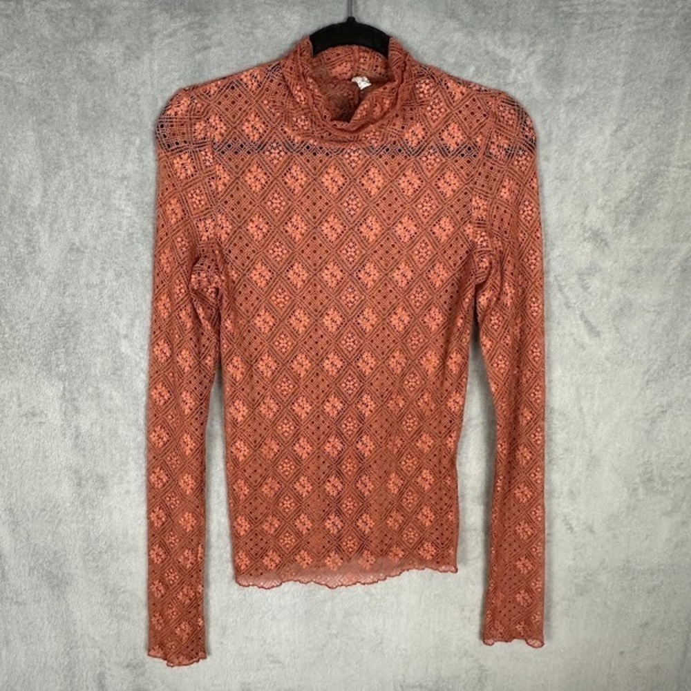 Intimately Free People Top Womens Medium Brown Lace Sheer Festival Long Sleeve